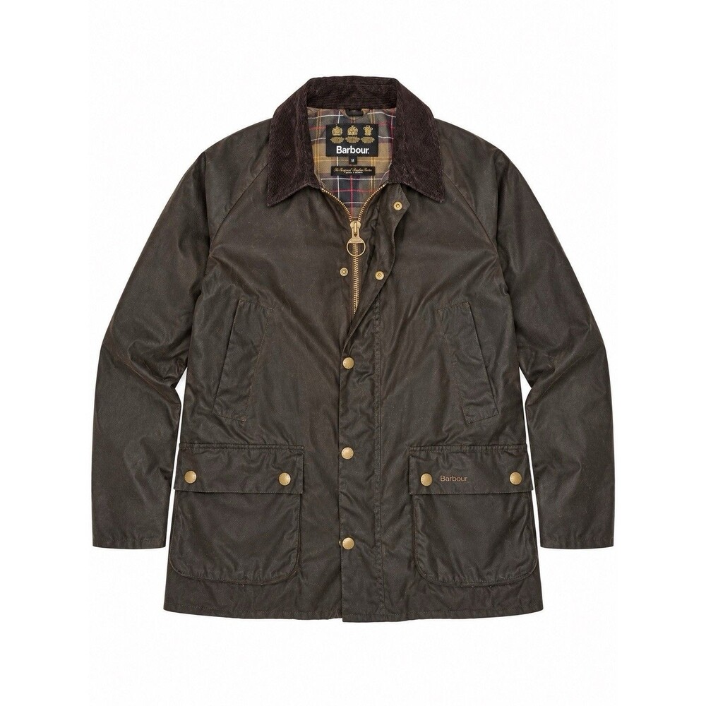 Barbour Waxed Cotton Field Jacket M Olive Brown Tartan Lined Corduroy Collar